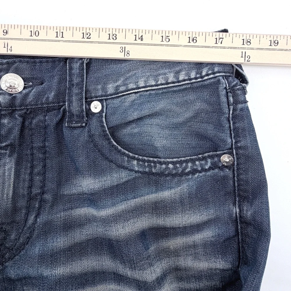 True Religion Slim Jeans Mens 34 Blue Exc Faded Whiskered Red Plaid Straight
